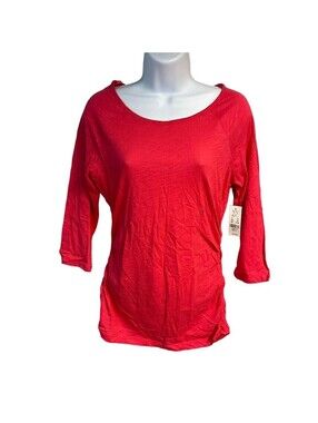 NY&C Soho Jeans Top Womens S Red 3/4 Sleeve Ruched Side Cotton Slub Knit Tee